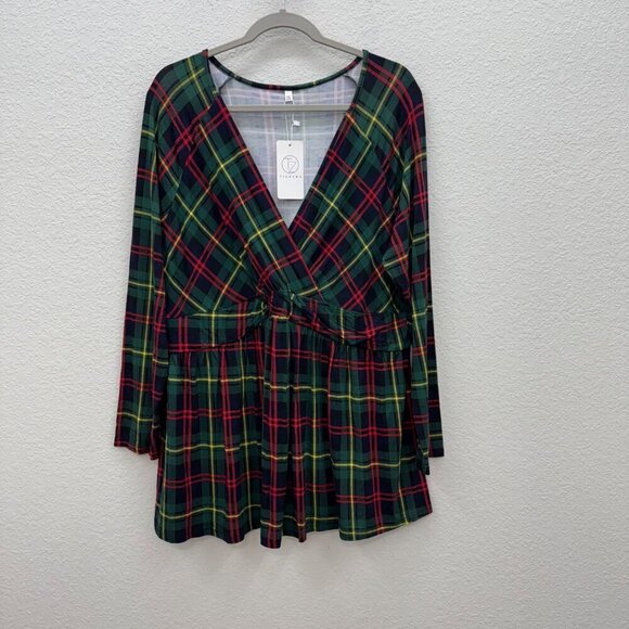 Tianzhu Holiday Plaid Long Sleeve Wrap Baby Doll Vneck Shirt Womens size 2XL NEW - Picture 1 of 6
